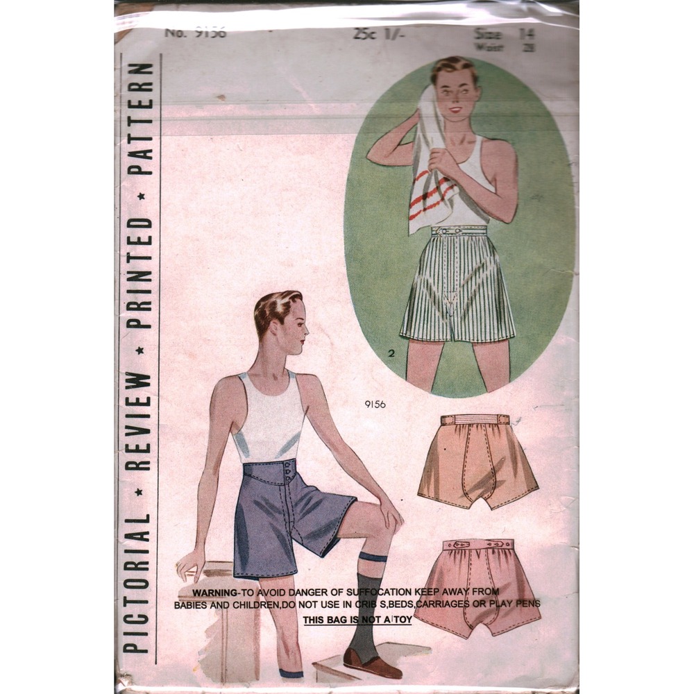 Vintage Pictorial Review 9156 Boys Shorts Sewing Pattern Size 14 Waist 28 1940s